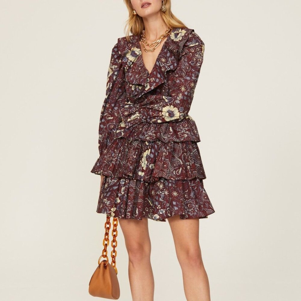 $445 Ulla Johnson Lola Floral Mini Dress in heliotrope burgandy red size 2